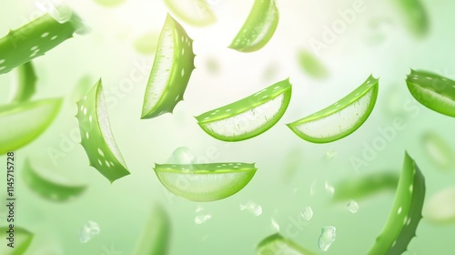 Aloe vera slices floating in air on soft green gradient background showcasing freshness and natural beauty.