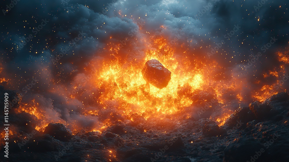 An abstract universe with a fiery asteroid traveling towards Earth, depicting a potential threat from space and the power of cosmic forces. An abstract universe with a fiery asteroid traveling towards Earth, depicting a potential threat from space and the power of cosmic forces.