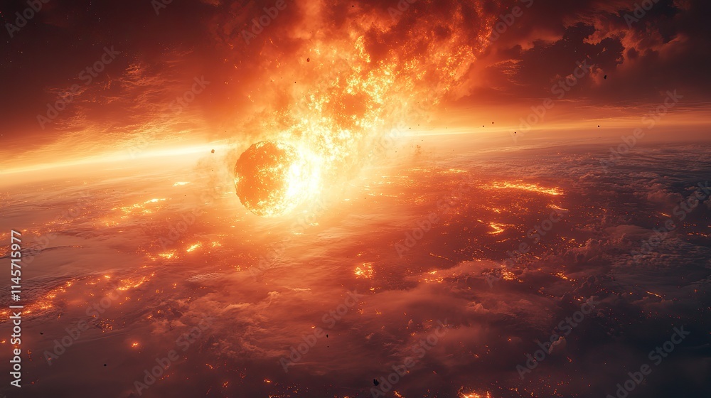 Naklejka premium An abstract universe with a fiery asteroid traveling towards Earth, depicting a potential threat from space and the power of cosmic forces.