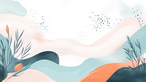 abstract, background illustration featuring soft waves and botanical elements in pastel colors.