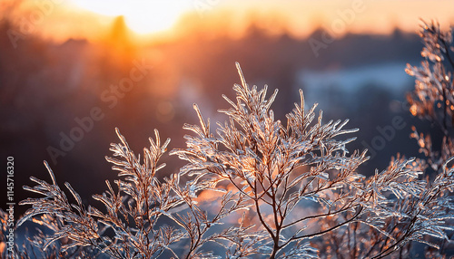 Frosty Spruce Branches.Outdoor frost scene. Snow winter background. Nature forest light landscape. Beautiful tree and sunrise sky. Sunny, snowy, scenic, snowfall. photo