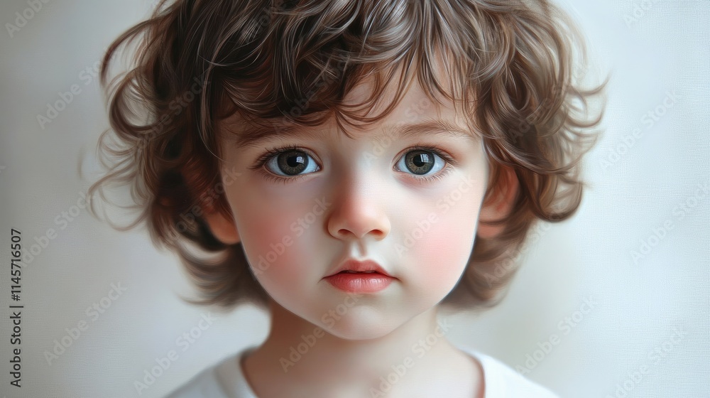 Charming portrait of a young boy with curly hair and expressive eyes against a soft white backdrop highlighting his innocent features Charming portrait of a young boy with curly hair and expressive eyes against a soft white backdrop highlighting his innocent features
