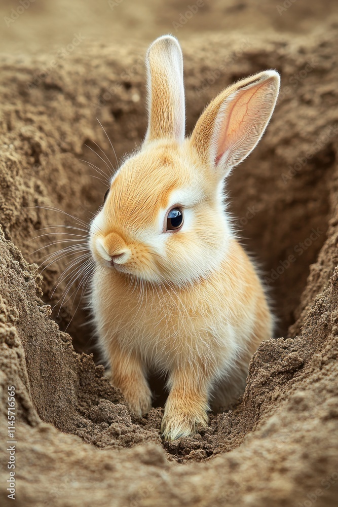 A cute rabbit sitting in a burrow, surrounded by sandy soil. A cute rabbit sitting in a burrow, surrounded by sandy soil.