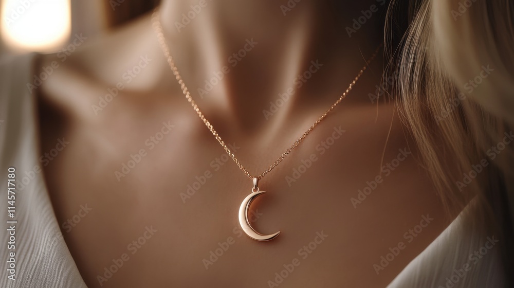Elegant Gold Crescent Moon Necklace Adorning Woman's Neckline Elegant Gold Crescent Moon Necklace Adorning Woman's Neckline