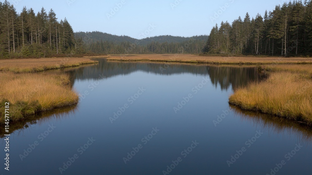 Calm river reflecting trees in a tranquil wetland. Calm river reflecting trees in a tranquil wetland.
