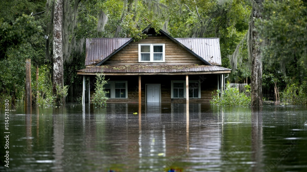 A house submerged in floodwater, highlighting the increase in extreme weather events and rising sea levels due to climate change A house submerged in floodwater, highlighting the increase in extreme weather events and rising sea levels due to climate change