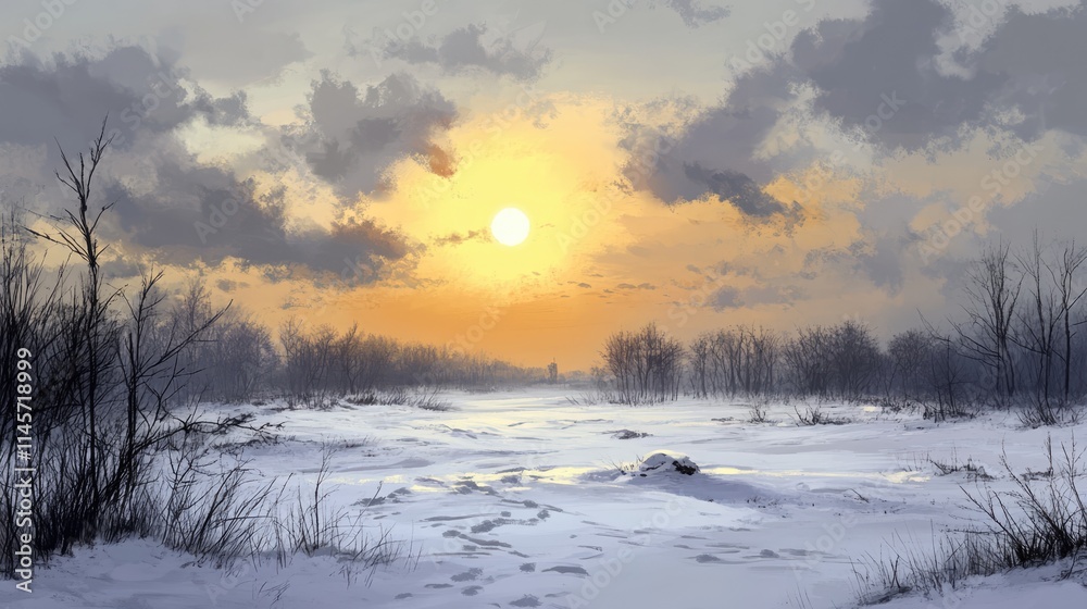 serene winter landscape with gray clouds and a warm sunset illuminating a snowy field and barren trees serene winter landscape with gray clouds and a warm sunset illuminating a snowy field and barren trees