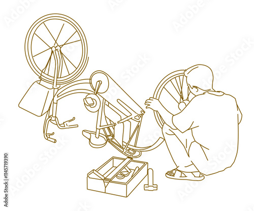 a man fixing the bycicle on street