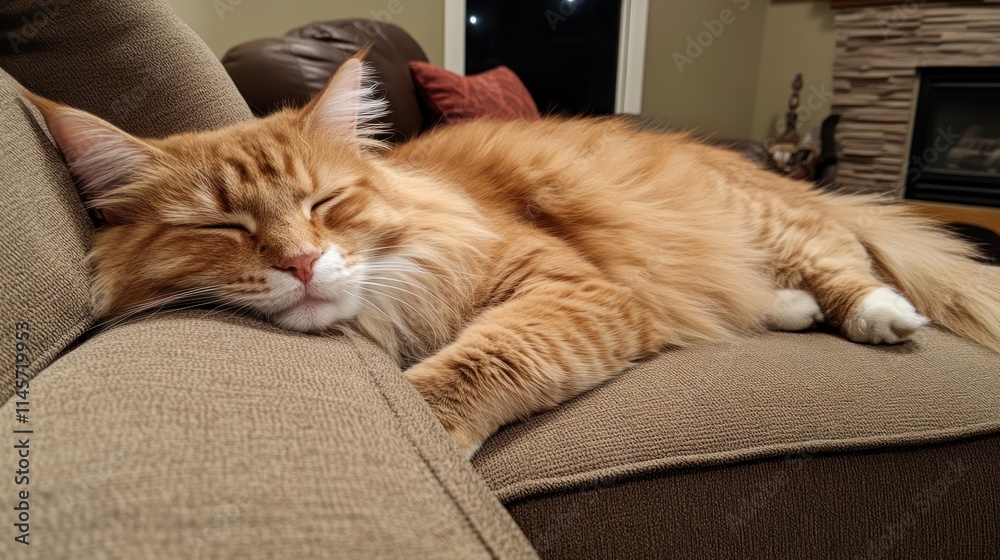 A sleeping orange cat relaxes on a couch, showcasing its fluffy fur and peaceful demeanor. A sleeping orange cat relaxes on a couch, showcasing its fluffy fur and peaceful demeanor.