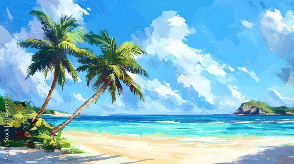 Fototapeta premium Tropical beach scene with palm trees overlooking a vibrant blue lagoon and dramatic cloudy sky