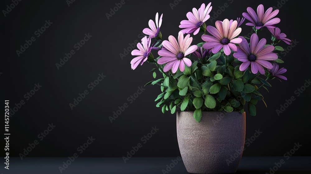 Osteospermum Flowering Plant in Ceramic Pot with Vibrant Purple Blooms on Dark Background Osteospermum Flowering Plant in Ceramic Pot with Vibrant Purple Blooms on Dark Background