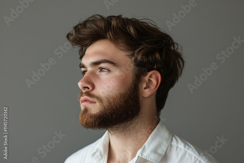 Portrait of a handsome man with a beard, wearing a white shirt, side view, isolated on a gray background with copy space