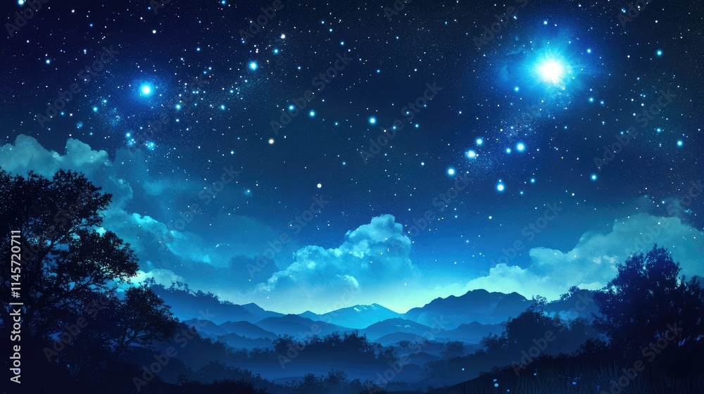 Starry night sky with Milky Way and silhouetted mountains under a serene atmosphere contrasted by glowing celestial bodies and clouds. Starry night sky with Milky Way and silhouetted mountains under a serene atmosphere contrasted by glowing celestial bodies and clouds.