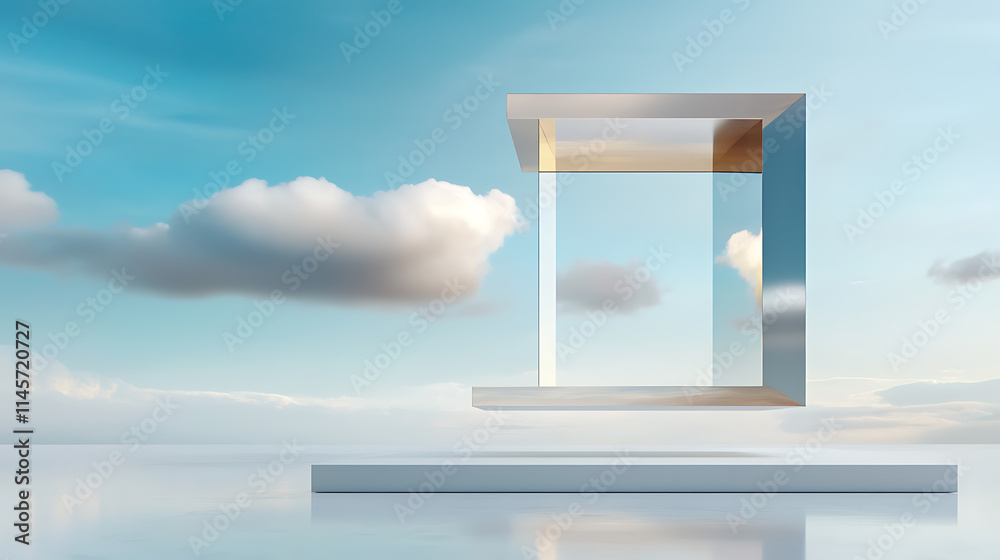 Floating geometric structure surreal landscape digital art tranquil sky aesthetic viewpoint conceptual imagery for creativity Floating geometric structure surreal landscape digital art tranquil sky aesthetic viewpoint conceptual imagery for creativity