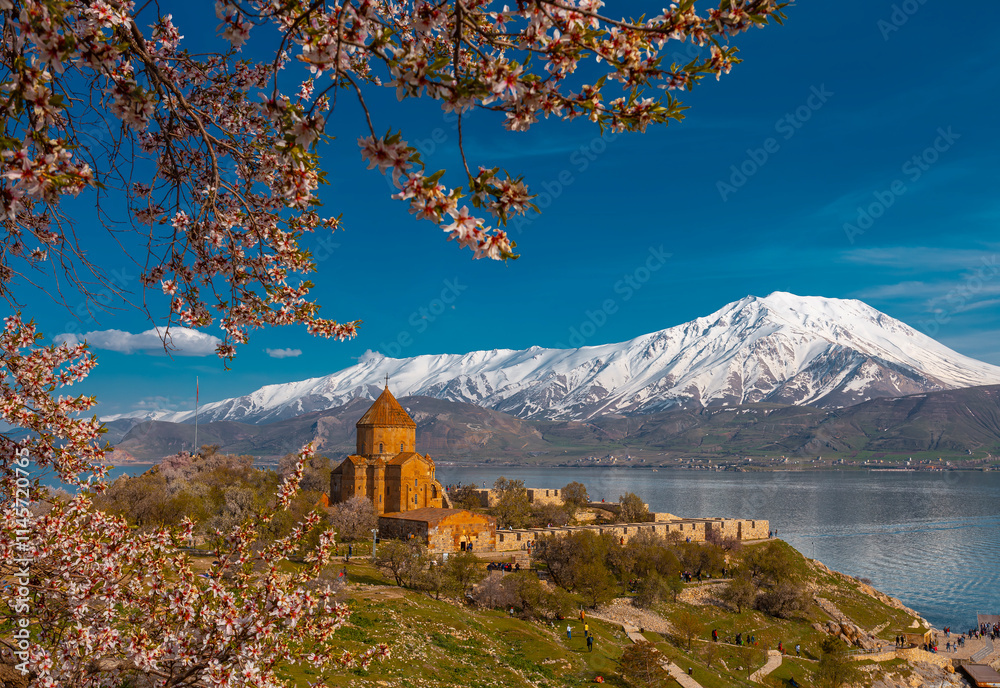 Akdamar Island in Van Lake. The Armenian Cathedral Church of the Holy Cross - Akdamar, Turkey