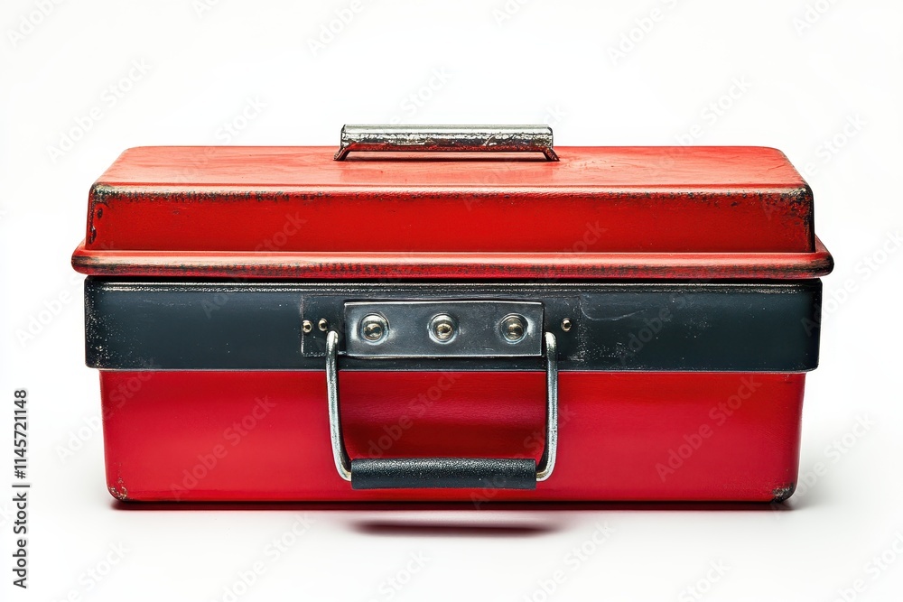 Red metal toolbox with worn paint, black accents, and two handles. Perfect for illustrating themes of work, storage, or vintage tools. Red metal toolbox with worn paint, black accents, and two handles. Perfect for illustrating themes of work, storage, or vintage tools.
