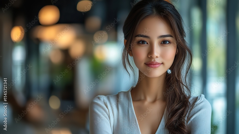 An Asian woman stands confidently in a studio, representing a lawyer or entrepreneur with pride in her career and professional opportunities in a law firm.