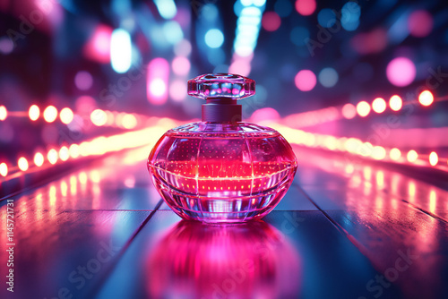  a close-up of a glowing futuristic perfume bottle with holographic patter