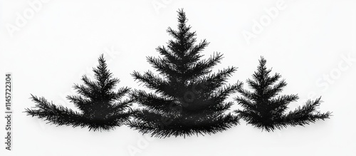 Silhouette of three Christmas trees with fir branches on a white background for festive holiday decorations and seasonal design themes.