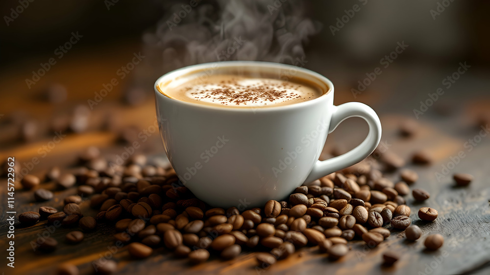 cup of coffee with coffee beans around cup of coffee with coffee beans around