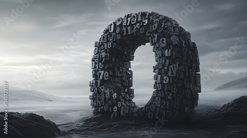 Fototapeta Naklejka Na Ścianę i Meble -  A surreal digital landscape featuring a massive stone 'O' formed from numbers, standing on a misty shore. The scene evokes mystery and the power of data.