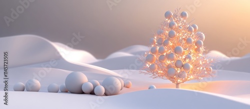 Minimalist 3D rendering of a Christmas tree adorned with balls in a snowy landscape showcasing a serene winter atmosphere