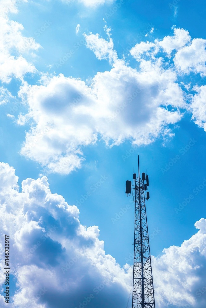 connectivity and technology concept, A cell tower stands against the blue sky with white clouds connectivity and technology concept, A cell tower stands against the blue sky with white clouds