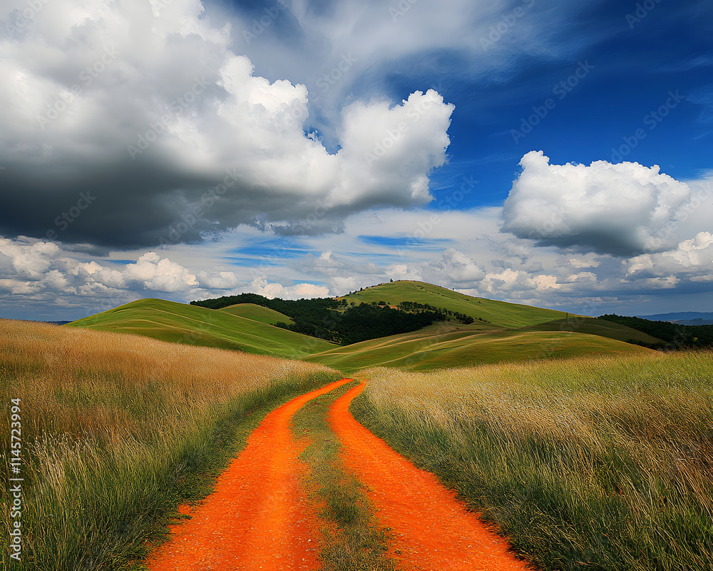 Fototapeta premium Orange Road Through Rolling Green Hills Under a Cloudy Sky