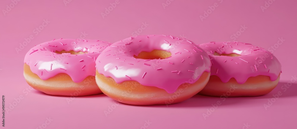 Colorful doughnuts with pink icing and sprinkles set against a vibrant pink background showcasing a delightful dessert arrangement Colorful doughnuts with pink icing and sprinkles set against a vibrant pink background showcasing a delightful dessert arrangement