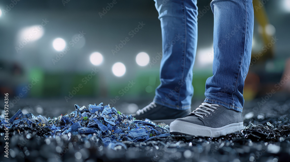Sustainable fashion concept with denim scraps on ground, showcasing eco friendly practices. person stands confidently, emphasizing importance of recycling materials Sustainable fashion concept with denim scraps on ground, showcasing eco friendly practices. person stands confidently, emphasizing importance of recycling materials