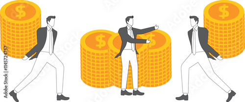Three businessmen race to collect gold coins