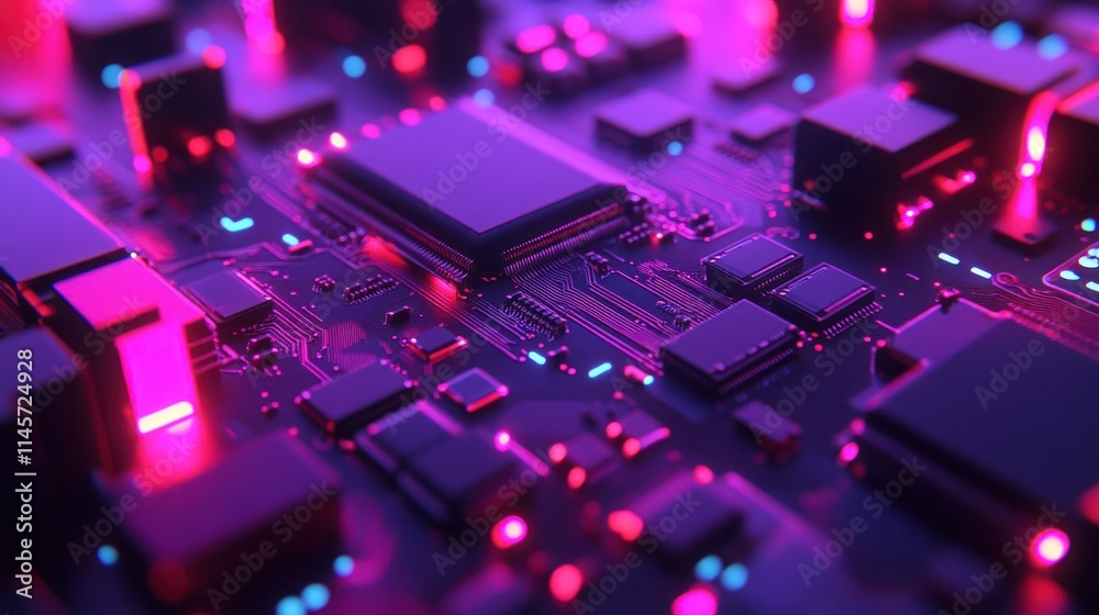 Obraz premium Close-up of a futuristic circuit board with glowing components.