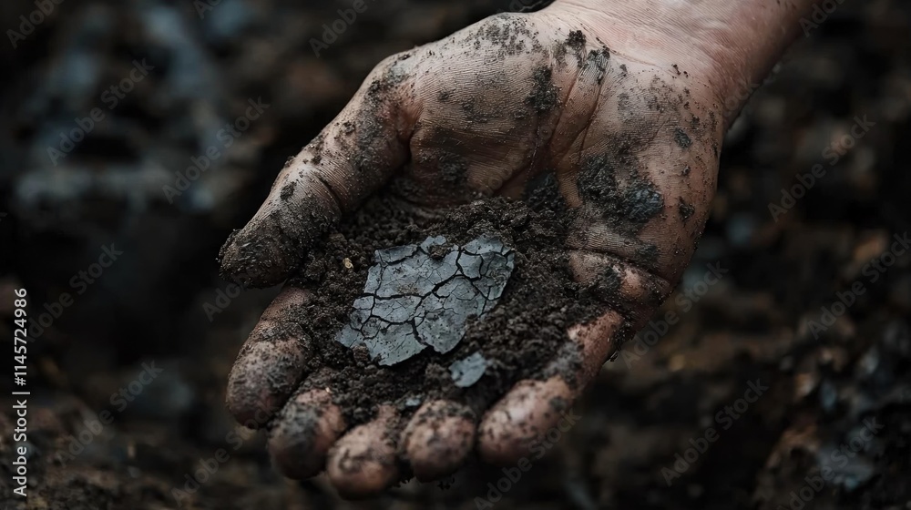 Hand Holding Cracked Soil with Muddy Texture Against Blurry Background Expressing Connection with Earth and Nature's Resilience in Agriculture and Environmental Context