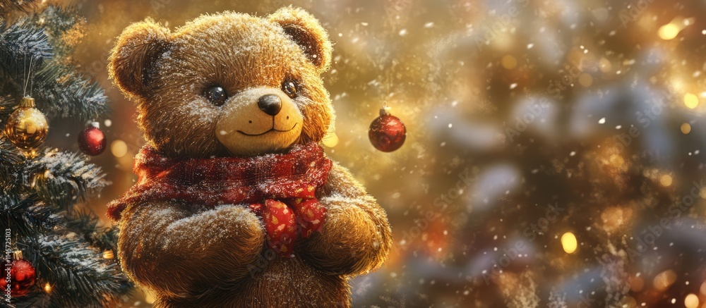 Teddy bear in festive setting with Christmas decorations and snowfall creating a warm holiday atmosphere Teddy bear in festive setting with Christmas decorations and snowfall creating a warm holiday atmosphere