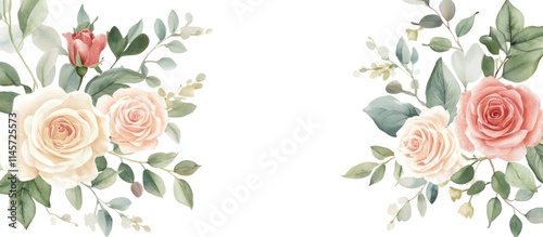 Delicate floral wreath design featuring roses, eucalyptus, and eryngium set against a clean white background for elegant decor and invitations.