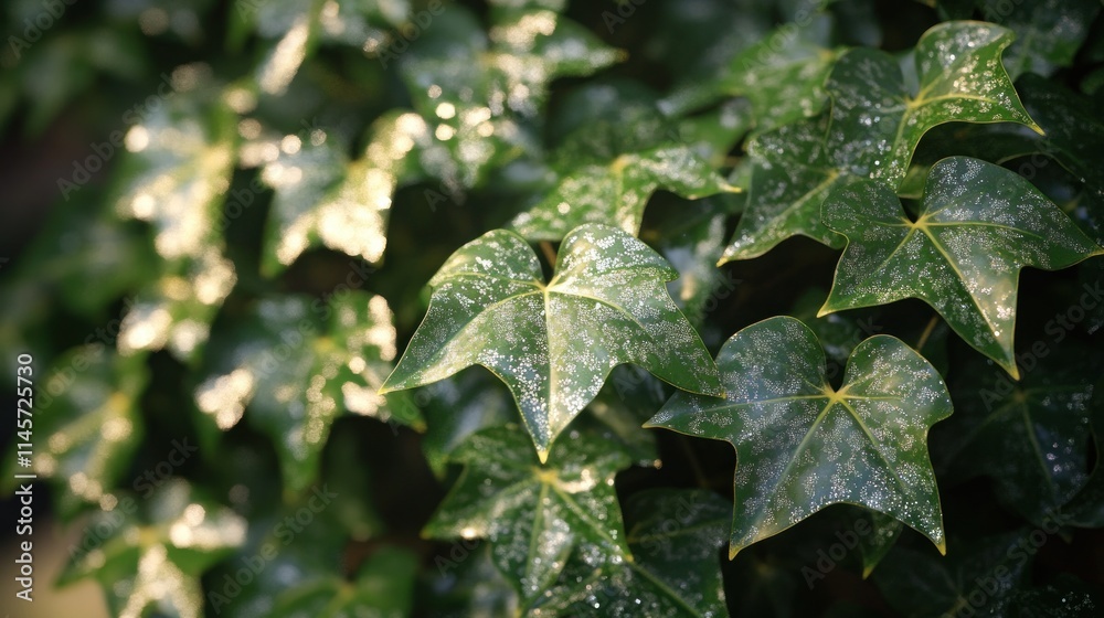 Close-up of lush, green ivy leaves with water droplets, illuminated by sunlight. Close-up of lush, green ivy leaves with water droplets, illuminated by sunlight.