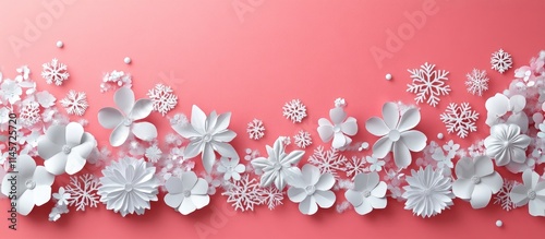 Chic floral border design with white spring flowers and snowflakes on a pink background ideal for greeting cards and spring-themed invitations photo