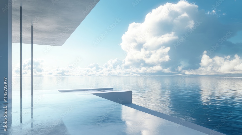 Serene Coastal View with Lush White Clouds Reflecting Over Calm Ocean Waters Serene Coastal View with Lush White Clouds Reflecting Over Calm Ocean Waters