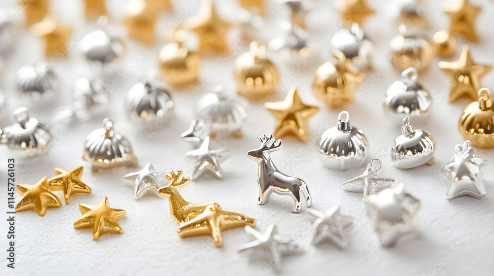Assortment of gold and silver Christmas charms. Star, reindeer, and ornament shapes. Perfect for jewelry making or holiday crafts. Assortment of gold and silver Christmas charms. Star, reindeer, and ornament shapes. Perfect for jewelry making or holiday crafts.