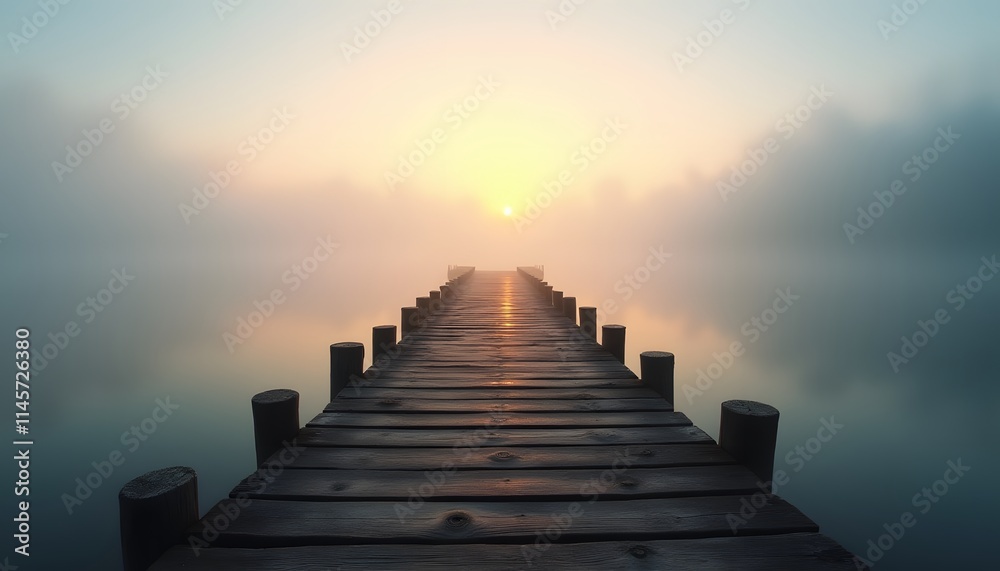 Fototapeta premium Serene Sunrise Misty Lake Wooden Dock Path to Hope