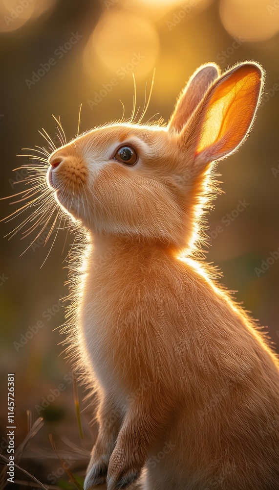 Obraz premium A close-up of a cute rabbit illuminated by soft sunlight, showcasing its features and fur.