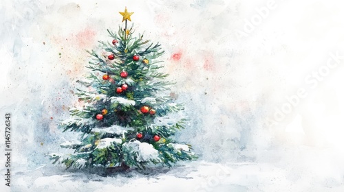 Watercolor Christmas tree with decorations and snow on branches in a serene holiday setting perfect for festive art and seasonal designs