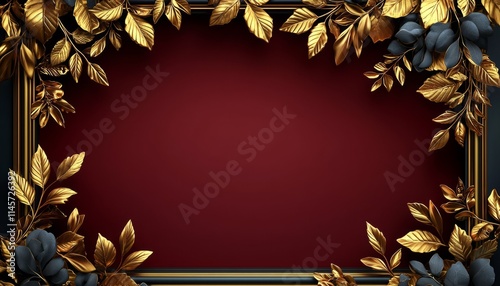 Wallpaper Mural Golden Leaves Frame Maroon Background Elegant Design Torontodigital.ca