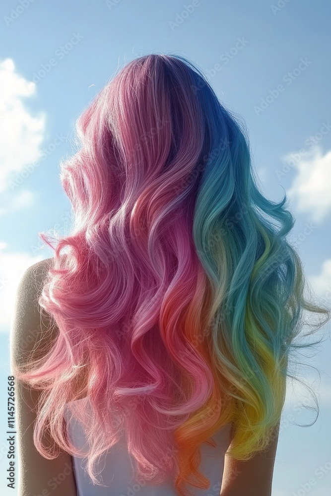 A colorful hairstyle featuring pastel pink, blue, and yellow waves against a bright sky. A colorful hairstyle featuring pastel pink, blue, and yellow waves against a bright sky.