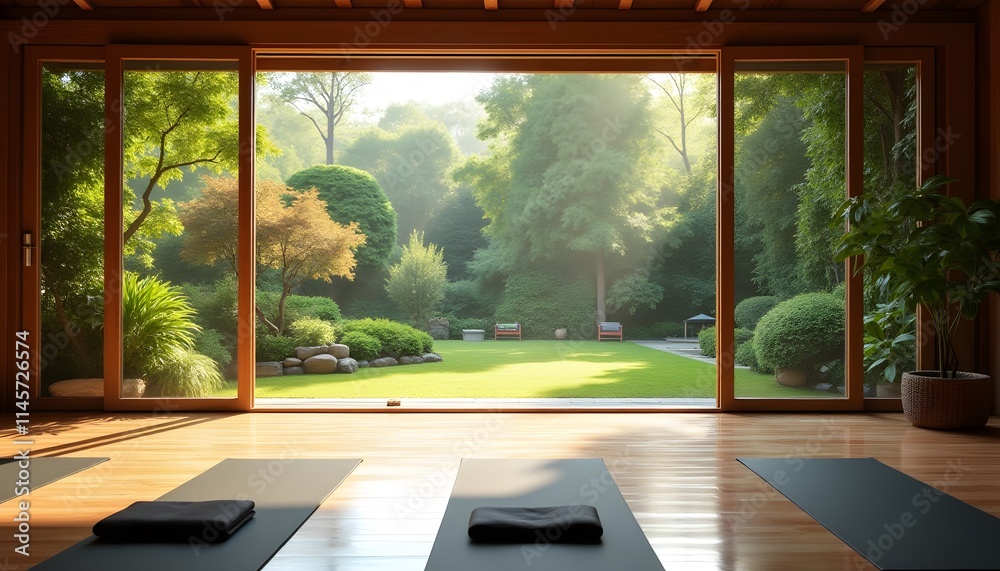 Fototapeta premium Serene Yoga Studio Garden View Peaceful Retreat Mindfulness Mats