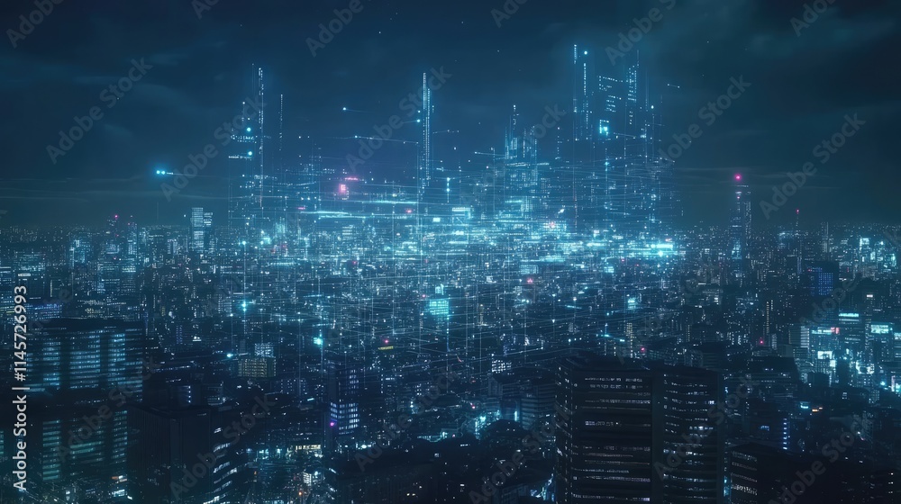 Futuristic city skyline illuminated with glowing data streams representing global communication and digital transformation technology Futuristic city skyline illuminated with glowing data streams representing global communication and digital transformation technology