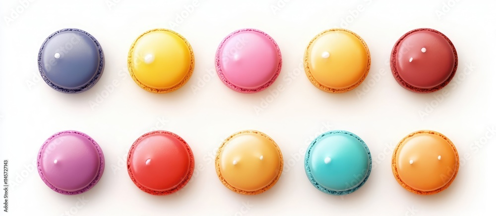 Colorful macarons arranged in a row showcasing vibrant hues against a clean white background ideal for dessert or bakery themes Colorful macarons arranged in a row showcasing vibrant hues against a clean white background ideal for dessert or bakery themes