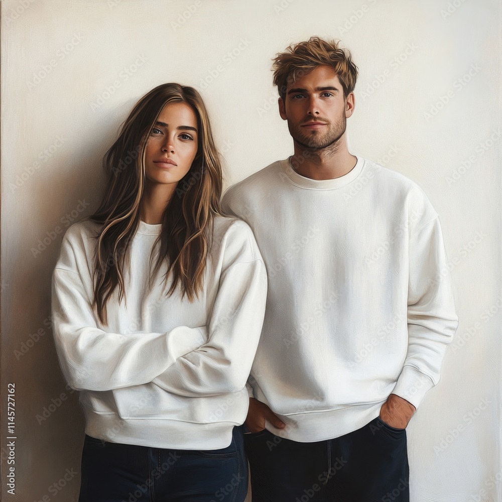 Young Couple in Matching Sweatshirts Pose Together Young Couple in Matching Sweatshirts Pose Together