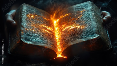 An open Bible bathed in light symbolizes salvation, knowledge, and trust in the holy story, offering spiritual healing and guidance through prayer.