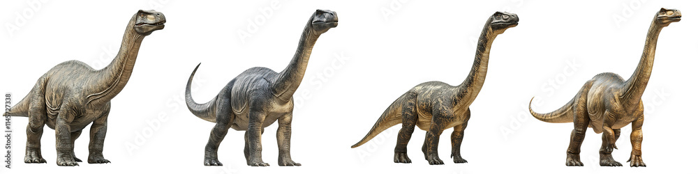 Fototapeta premium Four argentinosaurus dinosaur figures stand in a row, showcasing their long necks and tails, depicting a prehistoric theme with various textures and colors.